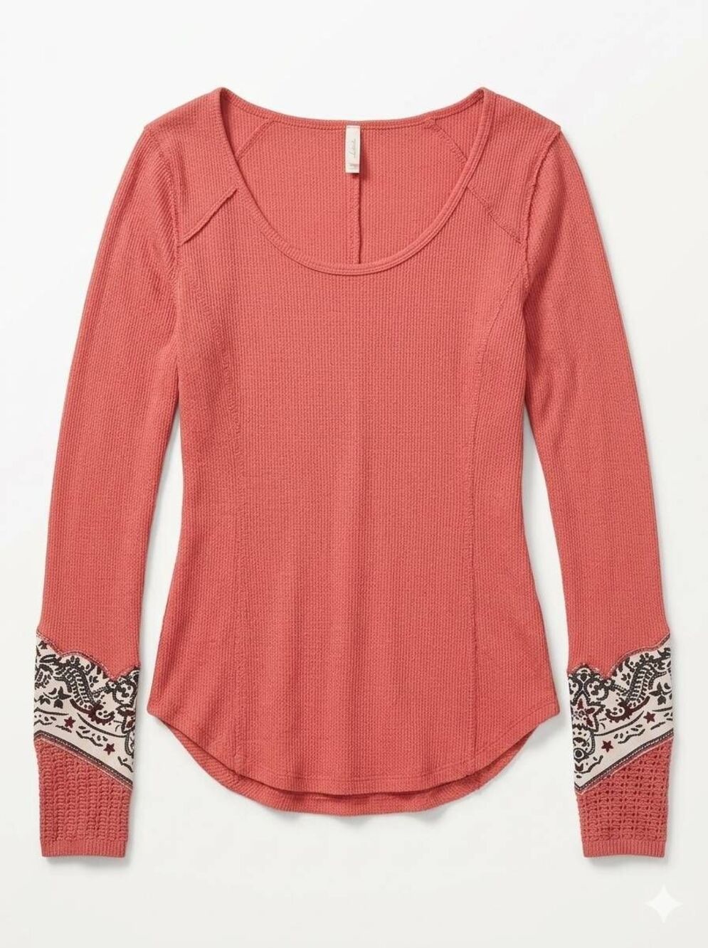 🔹️Free People Terracotta Waffle Knit Patterned Cuff Long Sleeve Top Small